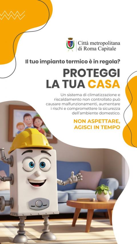 Locandina caldaia stilizzata con scritta "proteggi la tua casa"
