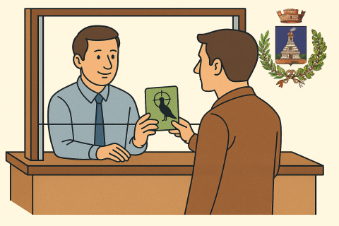 scena sportello consegna da parte di impiegato di tesserino venatorio ad un utente