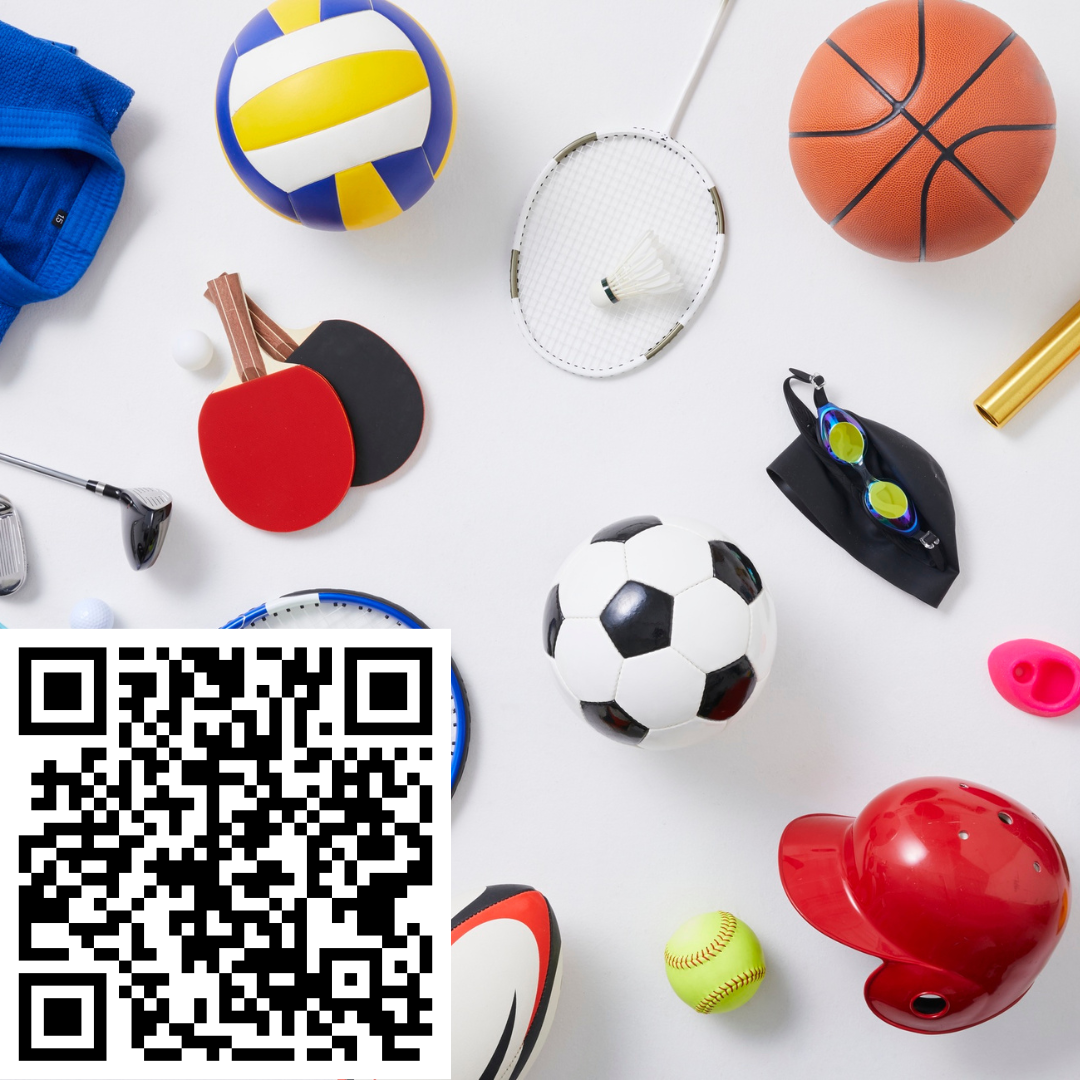 foto con vari strumenti sportivi , palle, racchette + QrCODE in basso a sinistra 