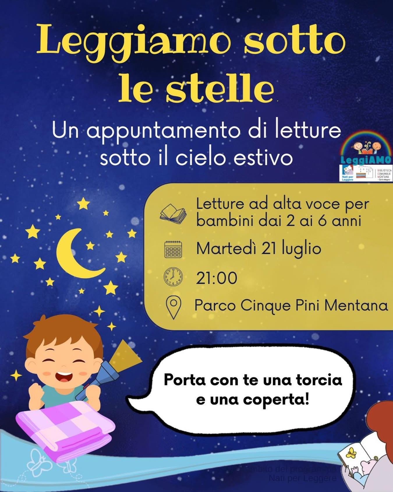 Testo leggiamo sotto le stelle su sfondo notte stellata con bimbo fumetto